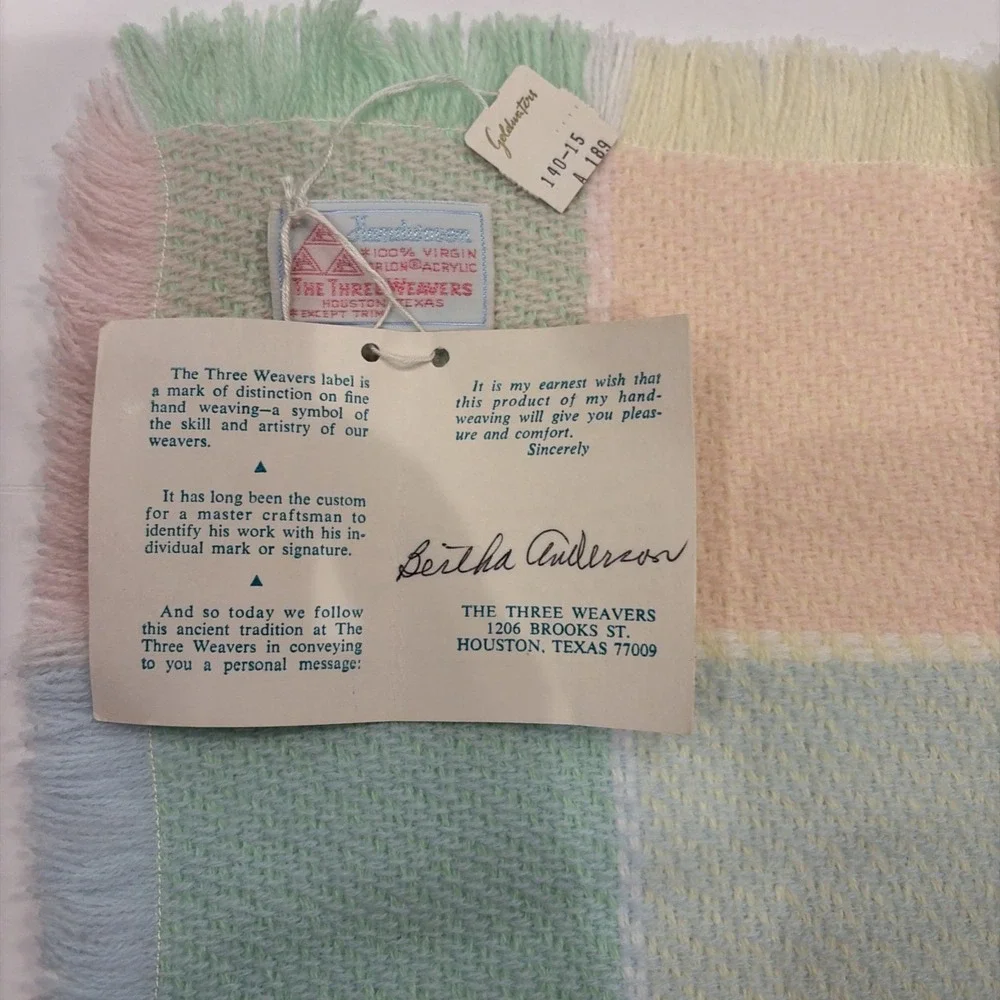 Baby Blanket Three Weavers Pastel Pink Blue Green Squares Acrylic NWT Vintage